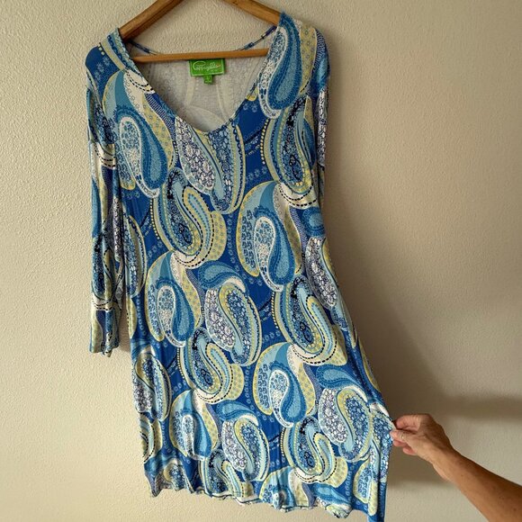 Pappagallo Blue Paisley‎ Jersey Stretch 3/4 Sleeve Dress Size L - Picture 4 of 7